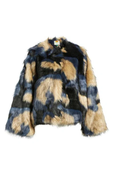 Farm Rio Multicolor Faux Fur Coat In Blue