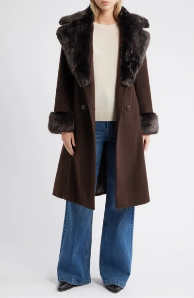 Via Spiga Double Breasted Wool Blend Coat With Faux Fur Trim In Brown
