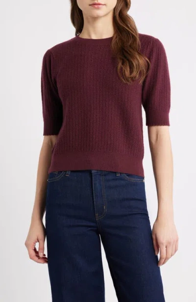 Frame The Ladder Pointelle Short Sleeve Cashmere Sweater In Burgundy