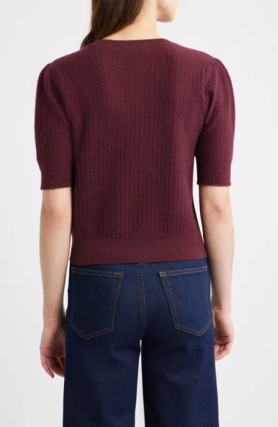 Frame The Ladder Pointelle Short Sleeve Cashmere Sweater In Burgundy