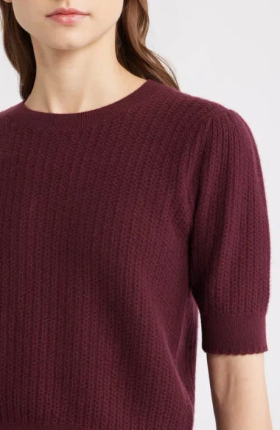Frame The Ladder Pointelle Short Sleeve Cashmere Sweater In Burgundy