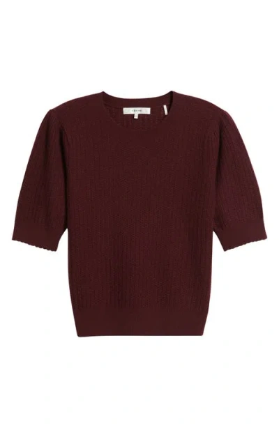Frame The Ladder Pointelle Short Sleeve Cashmere Sweater In Burgundy