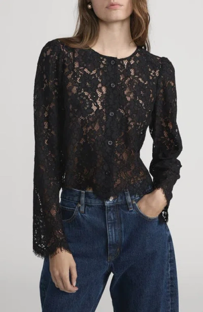 Frame Sheer Crop Organic Cotton Blend Eyelash Lace Button-up Shirt In Black