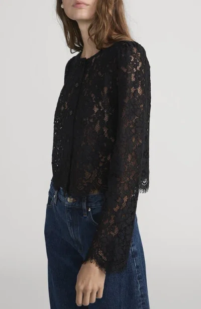 Frame Sheer Crop Organic Cotton Blend Eyelash Lace Button-up Shirt In Black