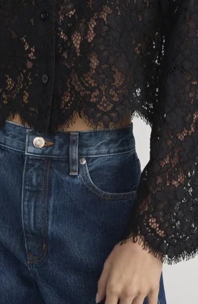 Frame Sheer Crop Organic Cotton Blend Eyelash Lace Button-up Shirt In Black