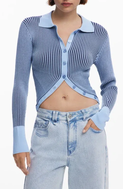 Desigual Stripe Collared Cutaway Cardigan In Blue