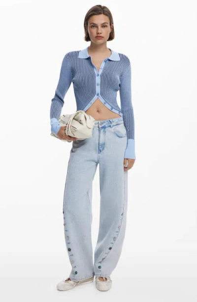 Desigual Stripe Collared Cutaway Cardigan In Blue