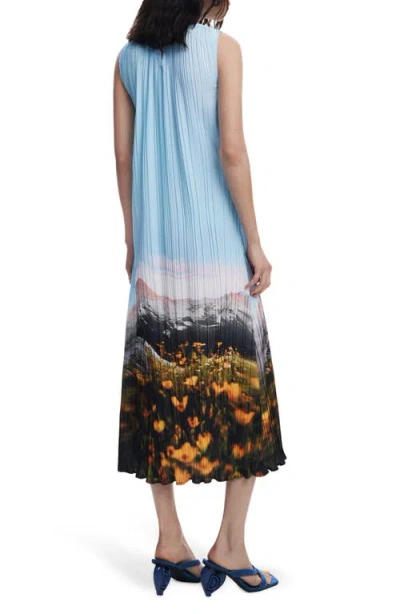 Desigual Landscape Plissé Shift Midi Dress In Blue