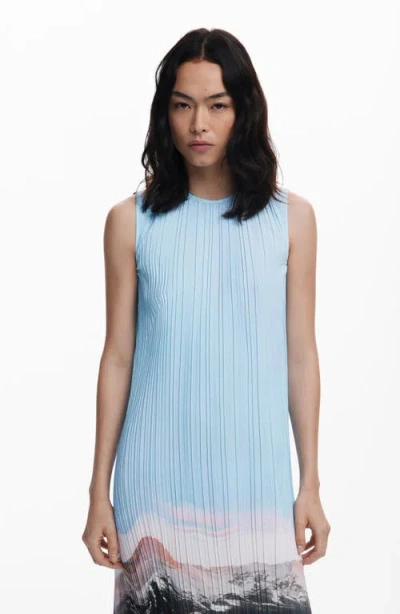 Desigual Landscape Plissé Shift Midi Dress In Blue