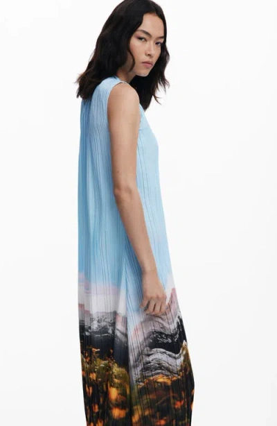 Desigual Landscape Plissé Shift Midi Dress In Blue
