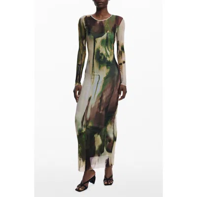 Desigual Print Mesh Long Sleeve Maxi Dress In Multi