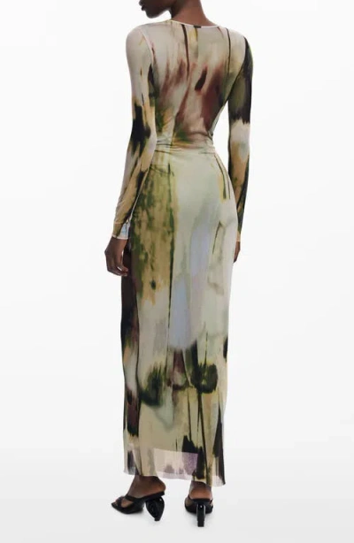 Desigual Print Mesh Long Sleeve Maxi Dress In Multi