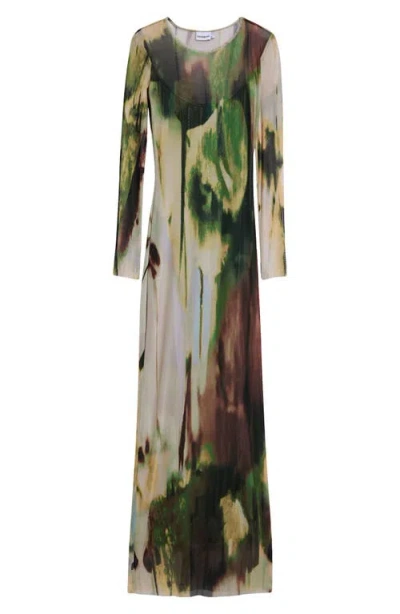 Desigual Print Mesh Long Sleeve Maxi Dress In Multi