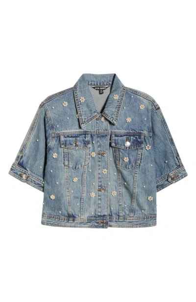 Steve Madden Blu Faux Pearl Detail Short Sleeve Denim Jacket In Multi