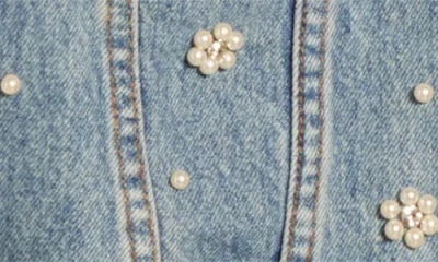 Steve Madden Blu Faux Pearl Detail Short Sleeve Denim Jacket In Multi