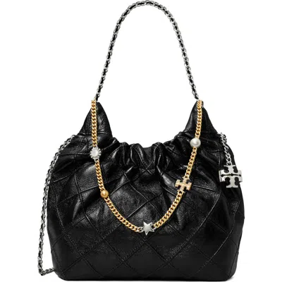 Tory Burch Fleming Distressed Mini Hobo Bag Shoulder Bags Black In Pink