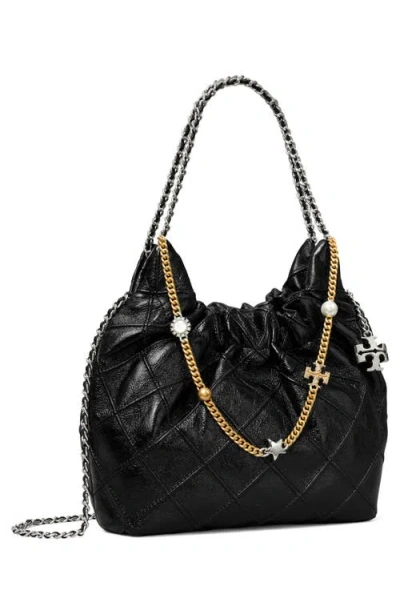 Tory Burch Fleming Distressed Mini Hobo Bag Shoulder Bags Black In Pink