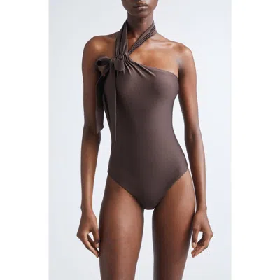 Zimmermann Awaken Asymmetric Halter One-piece Swimsuit In Brown