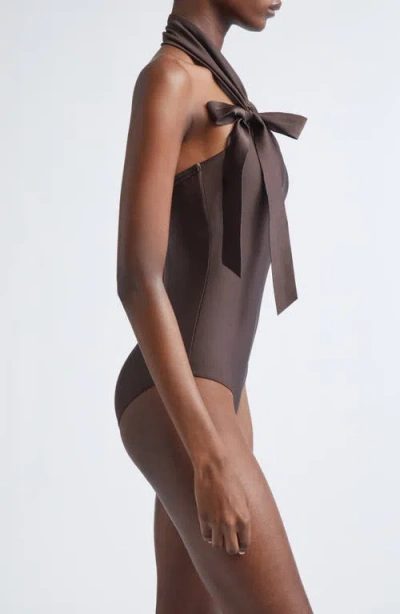Zimmermann Awaken Asymmetric Halter One-piece Swimsuit In Brown