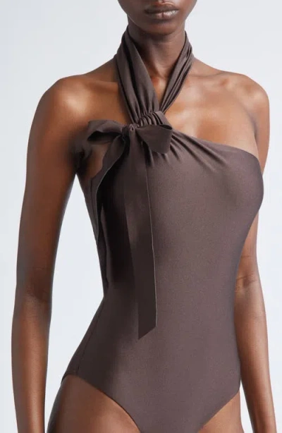 Zimmermann Awaken Asymmetric Halter One-piece Swimsuit In Brown