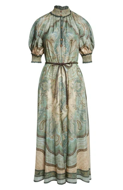 Zimmermann Womens Tapestry Teal Multi Wanderlust Billow Puffed-short-sleeves Silk Midi Dress In Gray