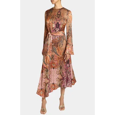 Santorelli Rachel Long Sleeve Asymmetric Midi Dress In Printed Charmeuse In Multi