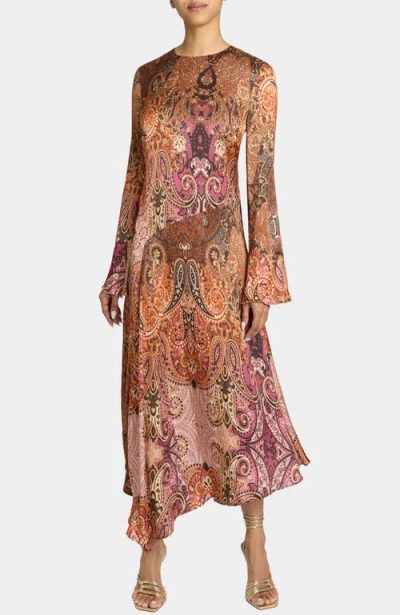 Santorelli Rachel Long Sleeve Asymmetric Midi Dress In Printed Charmeuse In Multi
