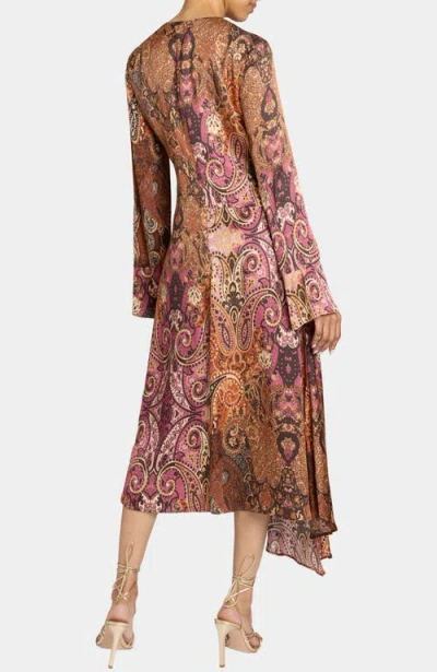 Santorelli Rachel Long Sleeve Asymmetric Midi Dress In Printed Charmeuse In Multi