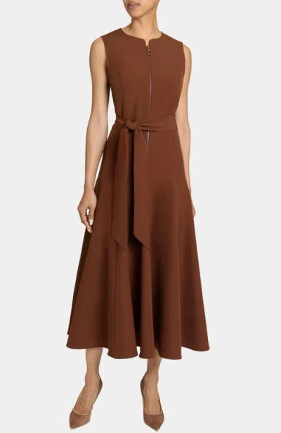 Santorelli Sunny Sleeveless Midi Dress With Front Zipper In Stretch Crepe In Brown