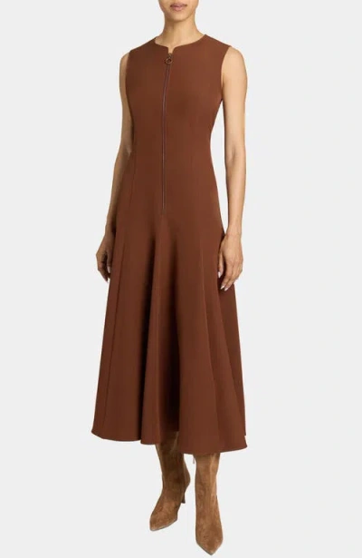 Santorelli Sunny Sleeveless Midi Dress With Front Zipper In Stretch Crepe In Brown