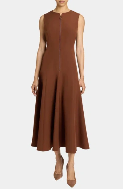 Santorelli Sunny Sleeveless Midi Dress With Front Zipper In Stretch Crepe In Brown