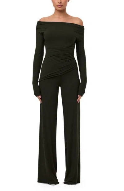 Naked Wardrobe Off The Shoulder Ruched Top In Green