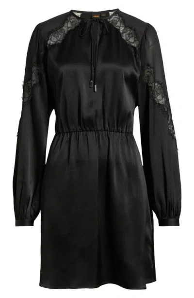 Hugo Boss Boss Orange Dlassys Long Sleeve Satin & Lace Dress In Black