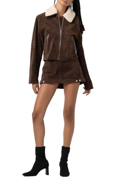 Blanknyc Suede & Faux Shearling Crop Jacket In Brown