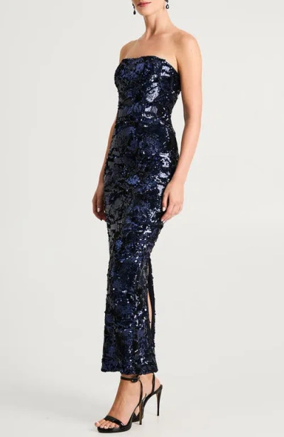 Helsi Leslie Pattern Sequin Strapless Gown In Blue