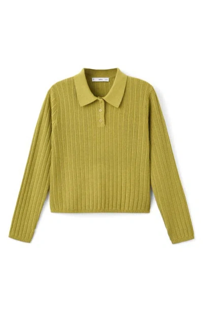 Mango Rib Long Sleeve Polo Sweater In Green