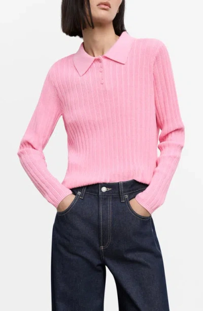 Mango Rib Long Sleeve Polo Sweater In Pink