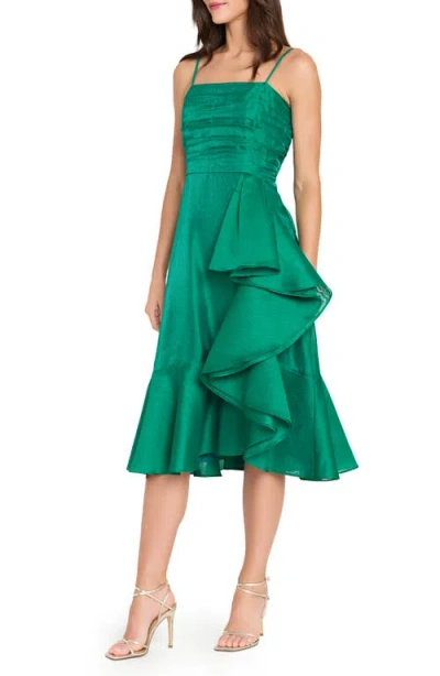 Tahari Asl Pleated Ruffle Satin Cocktail Dress In Green