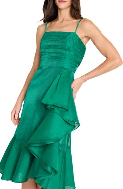 Tahari Asl Pleated Ruffle Satin Cocktail Dress In Green