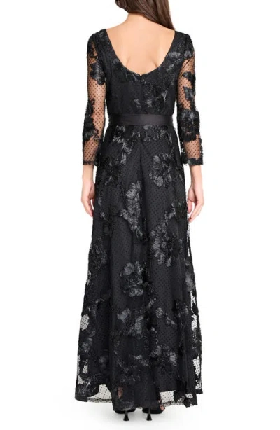 Tahari Asl Embroidered Sheer Long Sleeve Gown In Black