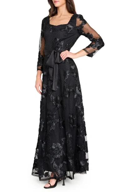 Tahari Asl Embroidered Sheer Long Sleeve Gown In Black