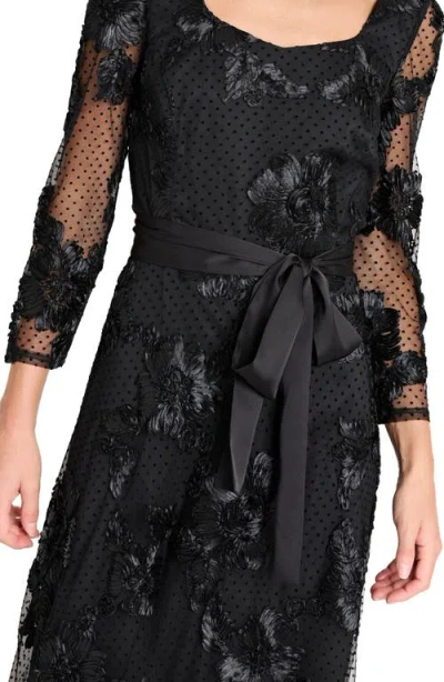 Tahari Asl Embroidered Sheer Long Sleeve Gown In Black