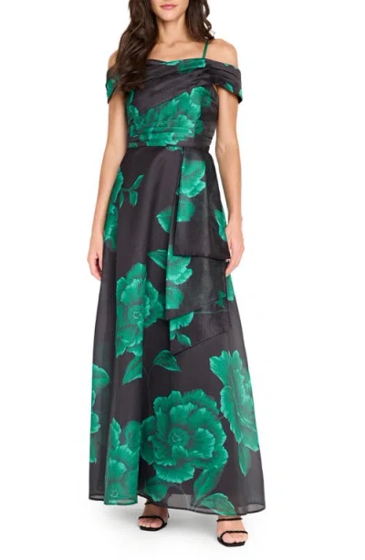 Tahari Asl Pleated Print Off The Shoulder Gown In Multi