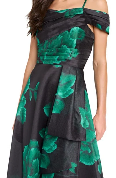Tahari Asl Pleated Print Off The Shoulder Gown In Multi
