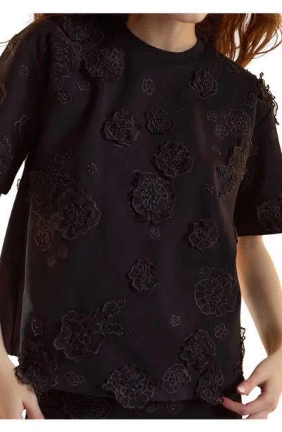 Cynthia Rowley Pop Floral Applique Top In Black