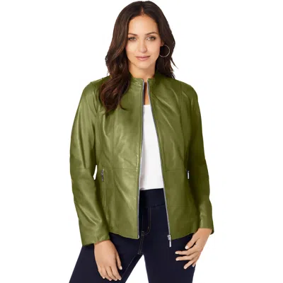 Jessica London Zip Front Leather Jacket In Green