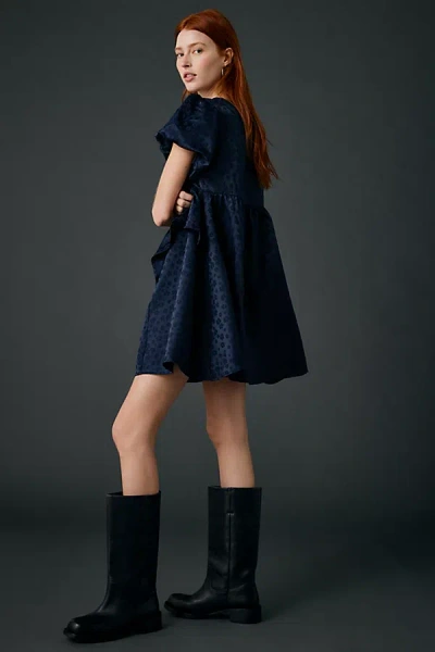 Daisy Street Tilda Floral Jacquard Satin Babydoll Mini Dress In Navy, Women's At Urban Outfitters In Blue