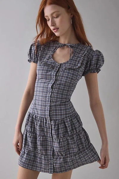 Daisy Street Angel Drop Waist Button-front Plaid Mini Dress In Blue, Women's At Urban Outfitters In Gray
