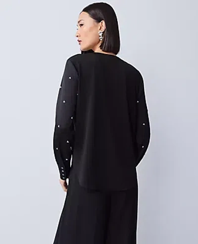 Ann Taylor Pearl Embellished Mixed Media Top In Black