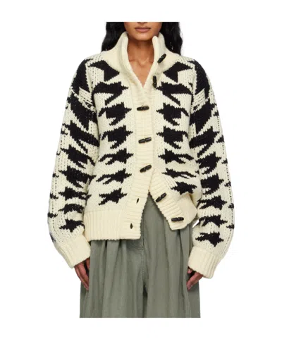 Open Yy Off-white & Black Hound's Tooth Star Cowichan Cardigan In White